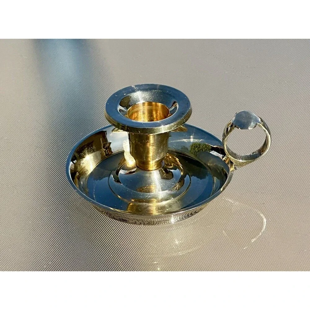 Solid Brass Chamberstick Candle Holder Finger Loop Drip Pan Made In India
